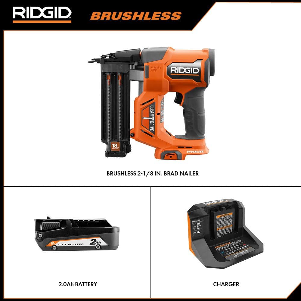 18V Brushless Cordless 18-Gauge 2-1/8 in. Brad Nailer with CLEAN DRIVE Technology with 2.0 Ah Battery and Charger