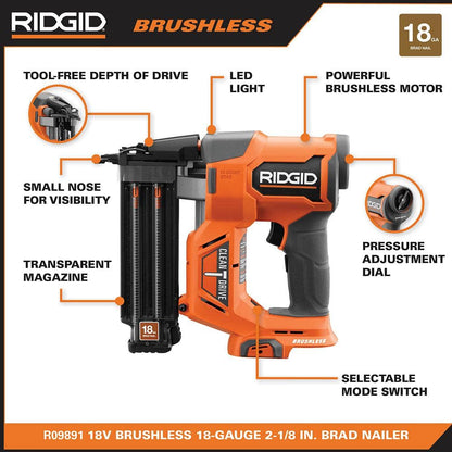 18V Brushless Cordless 18-Gauge 2-1/8 in. Brad Nailer with CLEAN DRIVE Technology with 2.0 Ah Battery and Charger