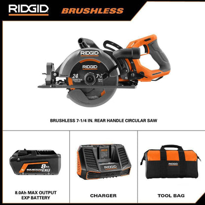 18V Brushless Cordless 7-1/4 in. Rear Handle Circular Saw Kit with 8.0 Ah MAX Output Battery, 18V Charger and Bag