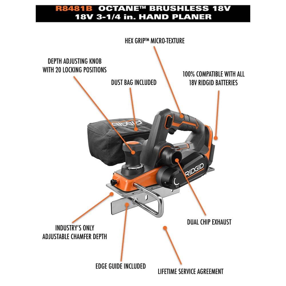 18V Brushless Cordless 3-1/4 in. Hand Planer (Tool Only) with Dust Bag