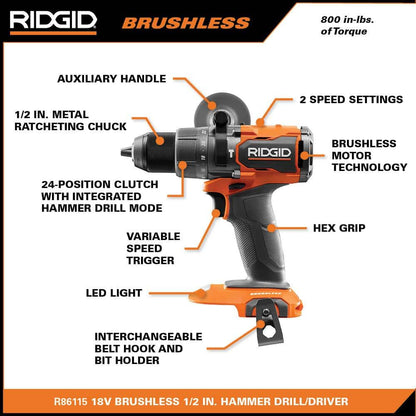 18V Brushless Cordless 2-Tool Combo Kit with Hammer Drill, Impact Driver, (2) Batteries, Charger, and Bag